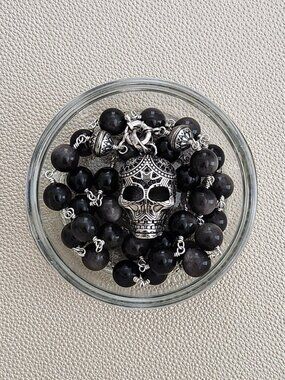 SILVER OBSIDIAN NECKLACE W/ 925 SILVER SKULL --24" Inches